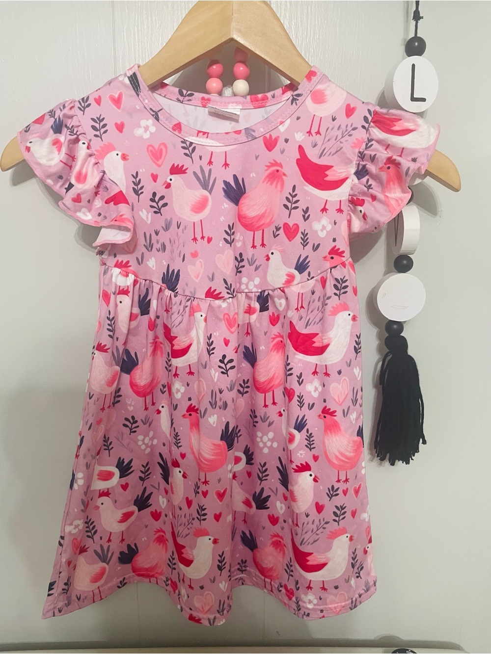 Girls' Pink Bird Print Flutter-Sleeve Dress